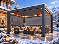 Gazebo extérieur en aluminium noir, gazebo permanent de grande taille avec chauffage, lumières LED, résistant aux fortes chutes de neige pour les climats froids