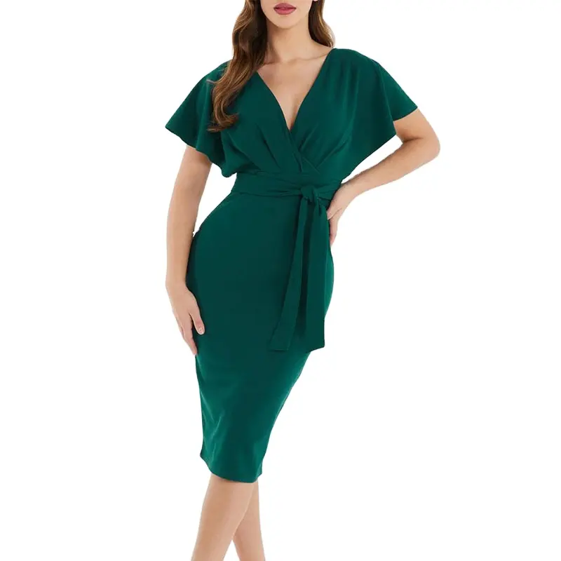 Elegant Office Ladies Green V Neck Angel Sleeve Wrap Tie Split Midi Dress Custom Logo Bodycon Fit Dress