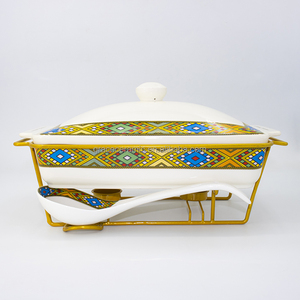 New chafing món ăn tự chọn Set sứ 3 cái Saba Nữ Hoàng ethiopian thiết kế hình chữ nhật tự chọn gốm thực phẩm ấm hơn Set với khung sắt - Product Image 4