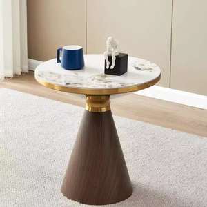 Elegante Mesa Auxiliar de Mármol con Ribete Dorado, Base Cónica de Madera, Mesa de Centro para Apartamento - Product Image 5