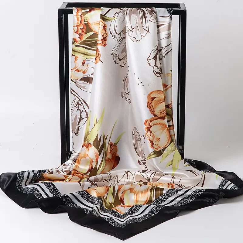 Luxury Women 90*90CM Flowers Printing Satin Square Scarf Shawls Silk-like Elegant Headscarf Hijab Scarves