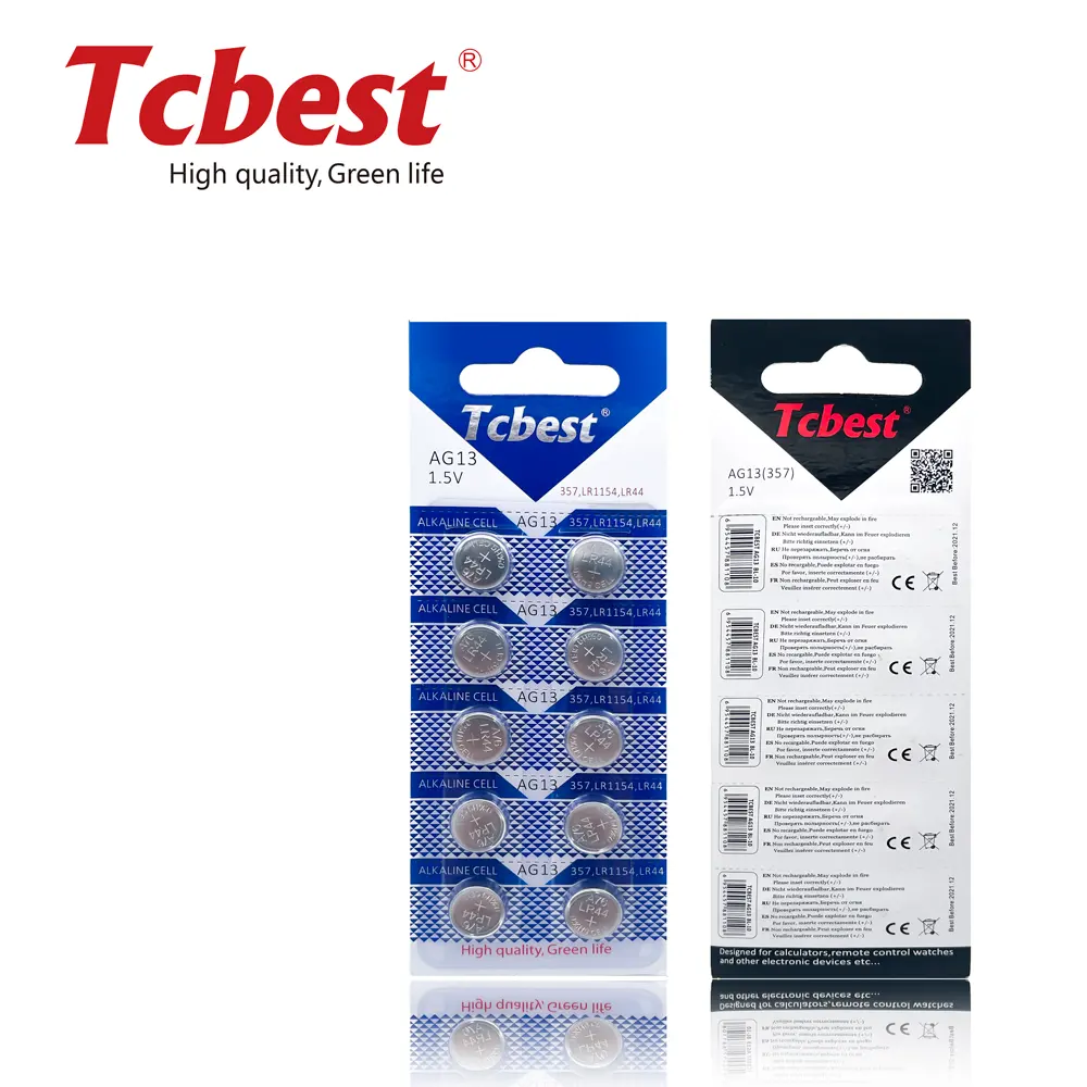 Tcbest 1.5V AG13 LR44 A76 버튼 코인 셀 알카라인 배터리 10 개 당 물집 카드 패키지 AG13