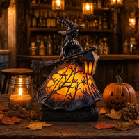 Figurine Sorcière Halloween Résine Statue Avec Balai Ornement Lumière LED Décoration De Table Fête