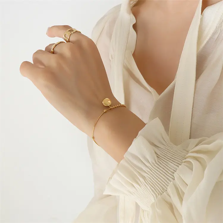 Custom Simple Design Jewelry Titanium Steel Gold Plating Round Pendant Bead Chain Bracelets For Women