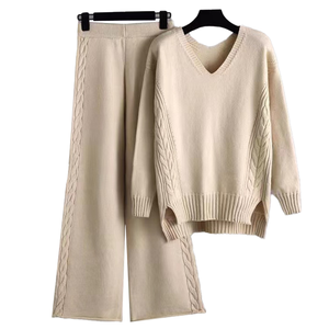 Chất lượng cao V cổ len cashmere Tops dệt kim hai mảnh quần áo len thiết lập cho phụ nữ - Product Image 1