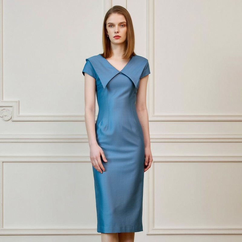 2435 New Church V Neck Midi Length Turn Down Collar Women Elegant