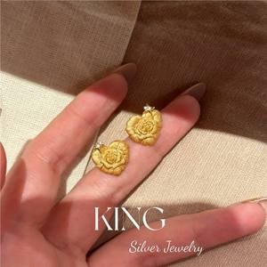 King <b>Silver</b> Jewelry Rose Heart <b>Stud</b> Earrings S925 Sterling <b>Silver</b> Gold Plated Everyday Wear - Product Image 2