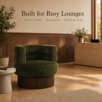 Fauteuil lounge design en chenille vert olive avec dossier en forme de baril, fauteuil d'appoint rembourré avec base en bois cannelé, siège pour salon