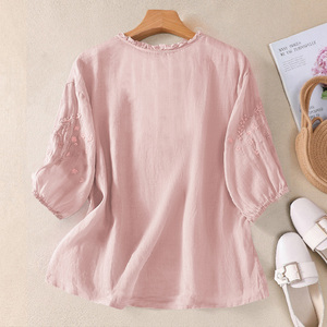 Blusa Holgada Rosa con Bordado, Manga Media, Cuello Redondo, Estilo Boho para Mujer, Camisa Casual de Verano - Product Image 5