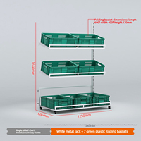 Zware mobiele metalen ijzeren displayrek met wielen, rollende fruit- en groentenrek, opvouwbare plastic manden voor winkels