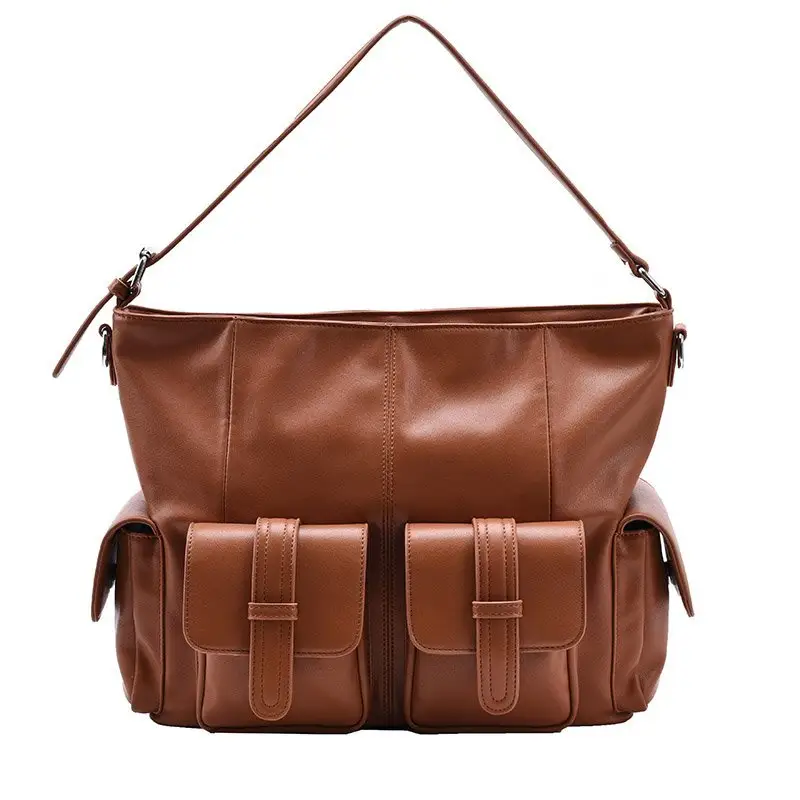 Online shopping ladies large capacity leather tote hand bag with multiple pockets vintage shoulder handbag for women