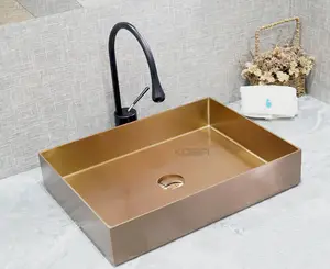 Hotel Bathroom Contemporary Stainless Steel Vessel Sink in Gold, 20'' Commercial Wash Basin Pictures