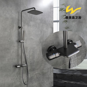 Ensemble de robinet de douche mural thermostatique en cuivre massif avec jet supérieur en cascade, finition gris canon poli, pomme de douche de salle de bain - Product Image 2