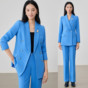 Women's Lake Blue Suit Set Double Breasted Jacket Pants Anti-Wrinkle Formal Wear For Commute - Product Image 1