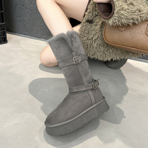 Bottes de neige mi-mollet en daim camel pour femme, col en fourrure, boucle en métal, plateforme épaisse, bottes chaudes d'hiver - Product Image 3