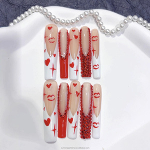 <span class=keywords><strong>Uñas</strong></span> Postizas de Alta Calidad con Diseño de Corazón Rojo, Hechas a Mano, Cobertura Completa, Forma Cuadrada, <span class=keywords><strong>Uñas</strong></span> Postizas Largas Tipo Ataúd - Product Image 3