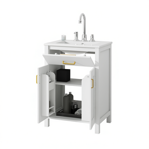 Bathroom Vanity Combo 24 Inch Ceramic Sink Space Saving Design Floor Standing White MDF Cabinet - Product Image 1
