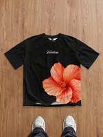 T-shirt pour homme à imprimé floral noir, manches courtes, col rond, décontracté, 100% coton, imprimé numérique, tissu jersey respirant