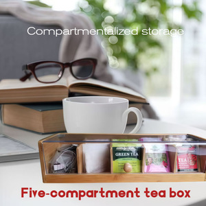 Caja de té de bambú con cinco compartimentos y tapa para almacenamiento de bolsitas de té y café, organizador de escritorio, uso en despensa de oficina - Product Image 4