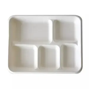 Plato desechable de caña de azúcar biodegradable, Color blanco, para el almuerzo, 5 compartimentos, venta al por mayor