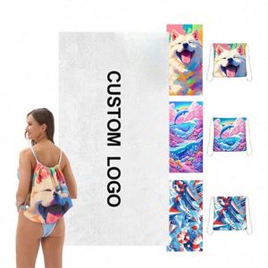 Promotional Folding <b>Drawstring</b> <b>Backpack</b> Beach Towel Beach Towel All-in-One Bag for Storage Customizable Logo Pattern - Product Image 1