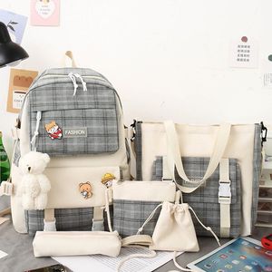 Japanese Cute Plaid Primary School Student Canvas Schoolbag Female Korean Style Trendy <b>Backpack</b> Five-Piece Set <b>Backpack</b> - Product Image 1