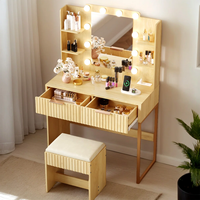 Coiffeuse en MDF rainuré couleur personnalisée avec miroir éclairé, 2 tiroirs et tabouret, finition grain de bois
