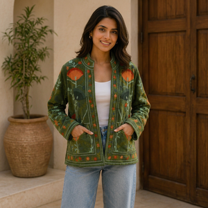 Velvet Sujani Art Embroidered Floral Pattern Woven Finished Thick Open Front Reversible Winter Jacket - Product Image 1