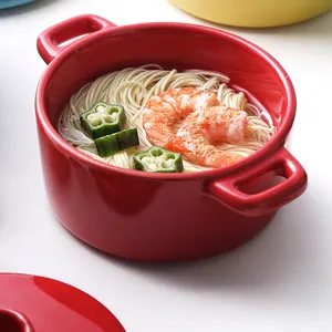 Großhandel benutzer definierte Farbe Gelb Grau Blau Rot Suppe Müsli Porzellan Schüssel mit zwei Griff und Deckel