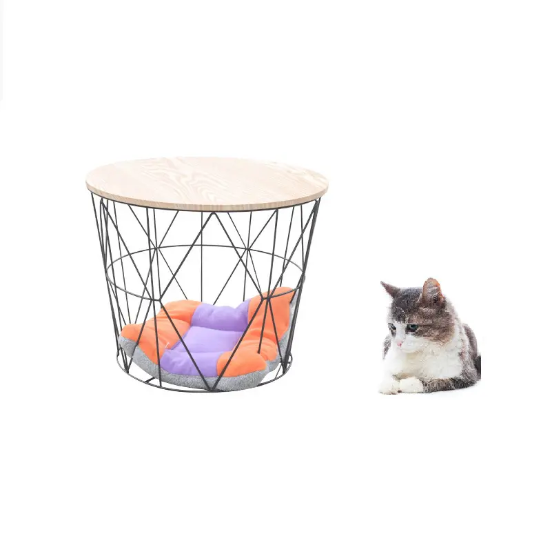 Decorative Large Indoor Metal Wire Round Pet Crate Side Table Dog Cage Table With Pet Bed