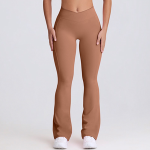 Pantaloni a zampa <span class=keywords><strong>di</strong></span> Yoga a vita alta con tasche laterali ad asciugatura rapida con taglio a V elasticizzato e Leggings Fitness stampati solidi per gli allenamenti - Product Image 6