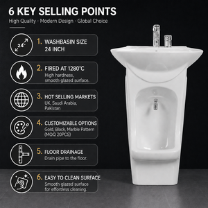 Lavabo sur pied en céramique moderne, bassin de Wudu musulman ovale avec finition brillante et fonction de nettoyage facile pour salle de bain - Product Image 3