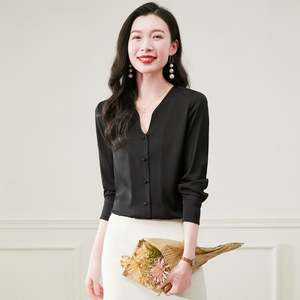 Printemps couleur unie col carré simple rangée multi-boutons élégant et intellectuel soie chemise à manches longues pour les dames de bureau - Product Image 2