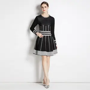 French women's sweater knitted dress autumn new elegant fashion free size diamond plaid casual black and white dress