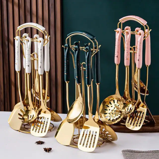 Stainless Steel Utensil Kitchen Cooking Tools 6pcs Set Kitchen Accessories Gold Ceramic Cookers Set Pot Shovel Soup Spoon
