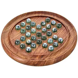 Solitaire Board Game 9" Classic Wooden Holiday Indoor Brain Game Set with 33 Glass Balls Pegs