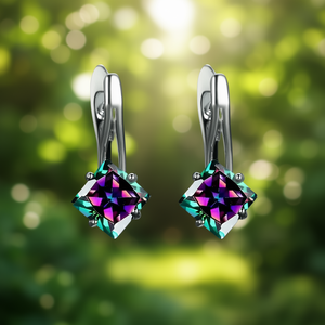 E2968 Orecchini Pendenti da Donna in Argento 925 con Cristallo Verde e Quarzo Arcobaleno, Montatura Geometrica a Griffe, Classici per Uso Quotidiano - Product Image 2