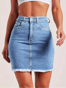 <span class=keywords><strong>Jupe</strong></span> en <span class=keywords><strong>jean</strong></span> taille haute coupe droite pour femme, en coton lavé respirant, longueur genou, style sexy, avec pompons, pour l'été - Product Image 5