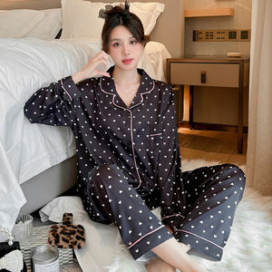Pyjamas de haute qualité 2024, pyjama élégant pour femme, noir, luxueux, manches longues, ensemble mignon, pyjamas Mujer, imprimé satin de soie, chemises de nuit pour femmes - Product Image 1