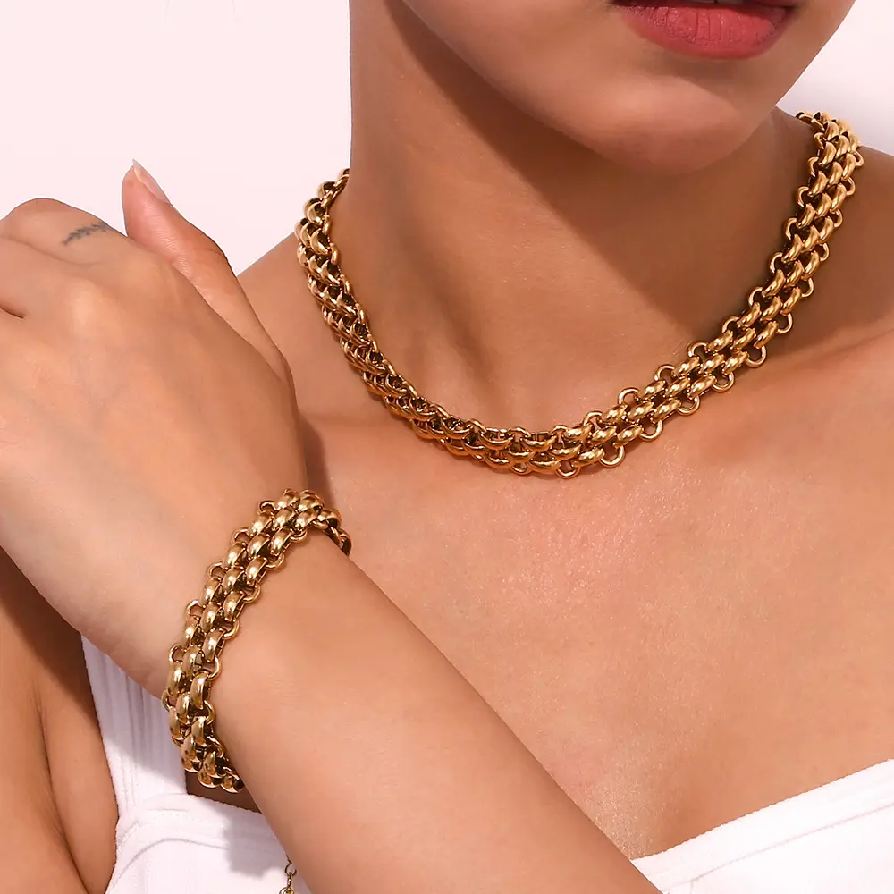 Nuovo alla moda oro placcato 18k gioielli in acciaio inossidabile tre strati larga cintura spessa collana bracciale