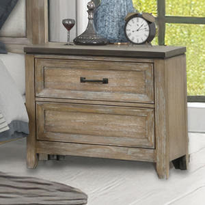 Juego de Muebles de Dormitorio Estilo Rústico en Madera Clara - Cama con Cabecera Tapizada, Cómoda, Mesita de Noche y Cajonera - Product Image 4