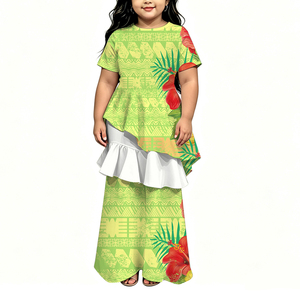 ชุดฮูลาฮาวายสำหรับผู้หญิงแบบใหม่ กระโปรงทรงเอ แขนสั้น เสื้อทูนิคแต่งระบาย กางเกงขายาวสีเขียวมะนาว ลายดอกชบา ทำจากโพลีเอสเตอร์ - Product Image 1