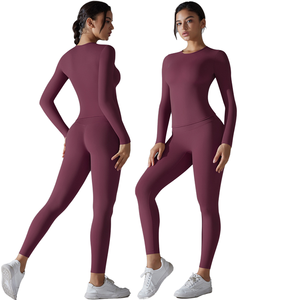 Conjuntos Deportivos de 2 Piezas, Transpirables, Sin Costuras, Top Corto de Manga Larga con Cuello Redondo y Leggings de Cintura Alta con Efecto Scrunch, para Gimnasio y Yoga - Product Image 2
