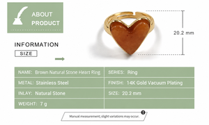Brown Natural Stone Heart <b>Ring</b> <b>Stainless</b> <b>Steel</b> 14K Gold Vacuum Plated Adjustable Statement <b>Ring</b> - Product Image 3