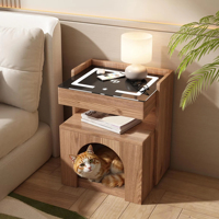 Table de chevet multifonctionnelle en bois pour animaux et humains avec niche pour chat, chargeur sans fil pour chambre à coucher