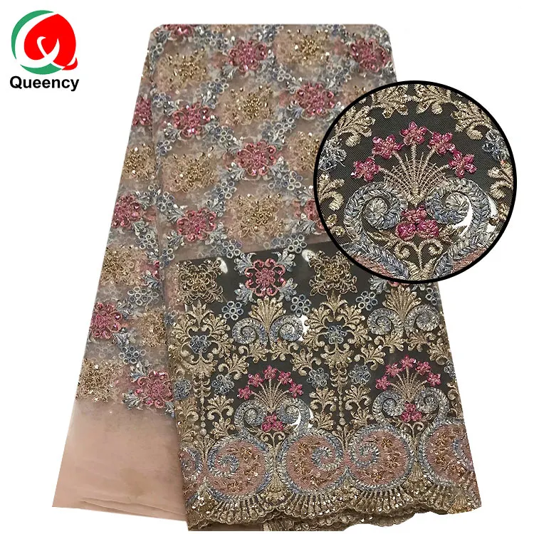 Queency Venta caliente de algodón blanco de malla de francés encaje Stretch tela de tul con piedras de tela de red