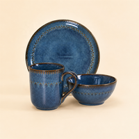 Ensemble de petit-déjeuner en céramique 3 pièces, porcelaine, grès, glaçure réactive bleue, fait main, passe au lave-vaisselle, bol à céréales, tasse à café