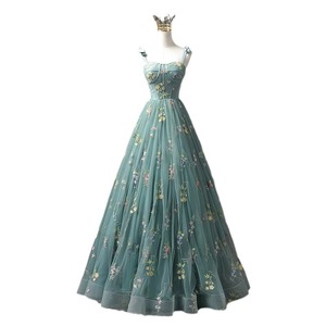 Evening Gown Strapless Floral Print Green Empire Waistline For Annual Meeting Hostess Events - Product Image 5