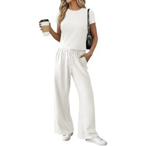 Fisoew Women 2 Piece Lounge <b>Set</b> Short Sleeve Crop Top Wide Leg <b>Sweatpants</b> Casual Summer Outfits Breathable Knitted Tracksuit - Product Image 1
