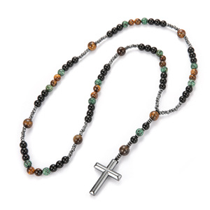 Rosari Cattolici in Pietra Naturale, Pietra Magnetica e Perline in Occhio di Tigre <span class=keywords><strong>con</strong></span> Croce, <span class=keywords><strong>Collana</strong></span> Religiosa Cattolica Unisex - Product Image 2